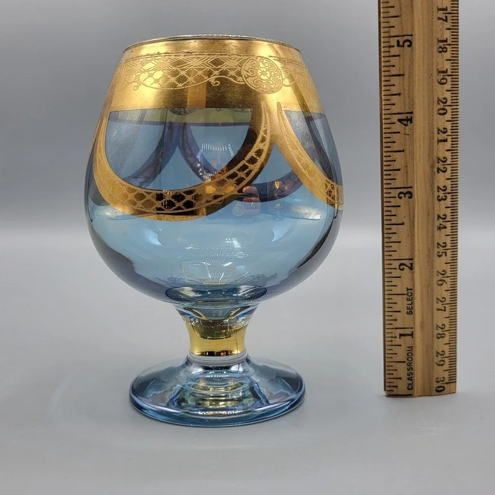 Vintage MCM Italian Brandy Snifter Set 2 Blue Gold Encrusted Filigree Glassware